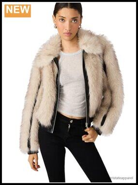 Faux Leather Aviator Jacket with Faux Fur Collar Long Sleeve Zip